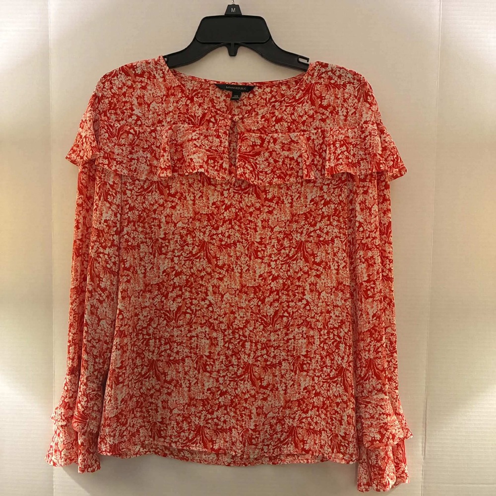 Banana Republic Flounce Top Womens XS Red Floral Ruffle Bell Sleeve Boho Blouse